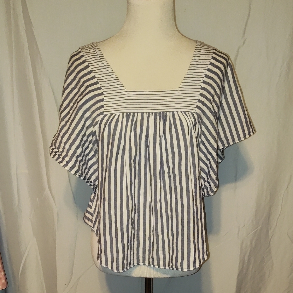 Madewe Blue-Grey Striped Top Butterfly Sleeves Relaxed Fit Lightweight Size xxs